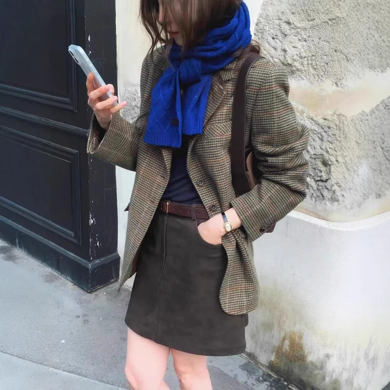 Damen Glencheck-Blazer mit Reverskragen, Pattentaschen und taillierter Silhouette Nord Taschen