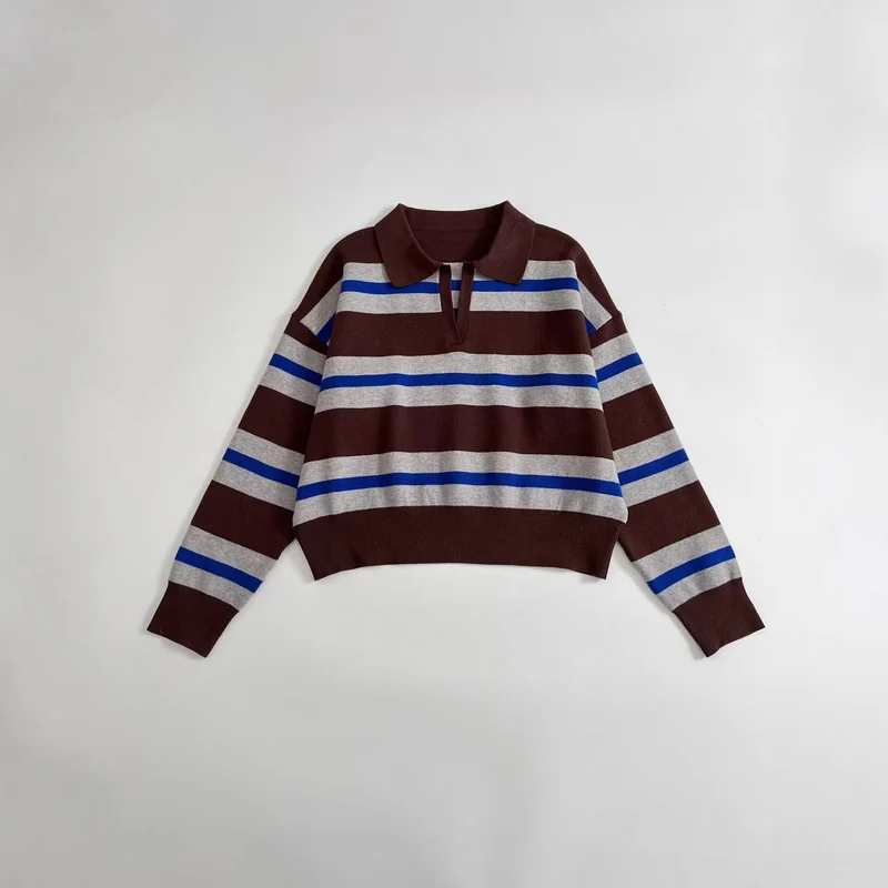Damen Gestreifter Polokragen-Pullover mit kastiger Passform und V-Ausschnitt Nord Taschen