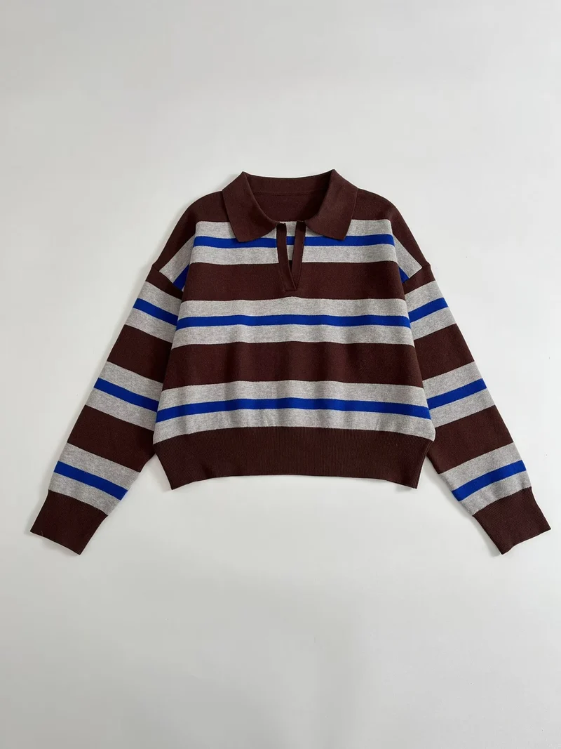 Damen Gestreifter Polokragen-Pullover mit kastiger Passform und V-Ausschnitt Nord Taschen