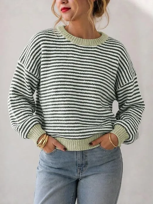 Damen Gestreifter Rippstrick-Pullover mit Kontrast-Bündchen Nord Taschen