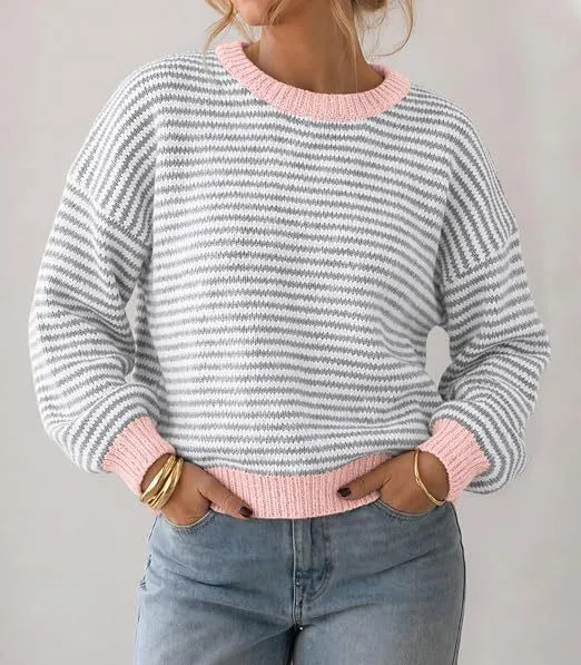 Damen Gestreifter Rippstrick-Pullover mit Kontrast-Bündchen Nord Taschen