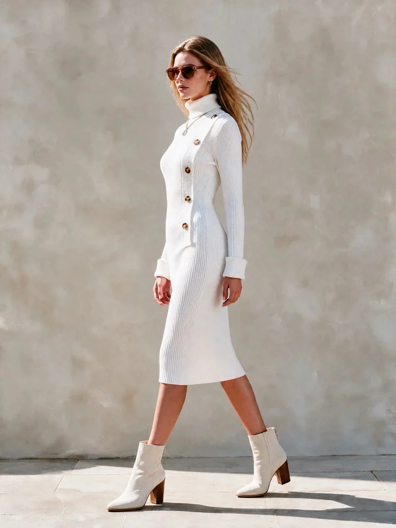 Damen Geripptes Midikleid mit Rollkragen und dekorativer Knopfleiste Nord Taschen