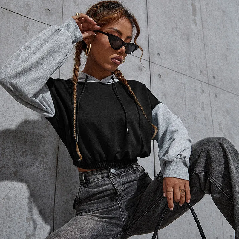 Damen Cropped-Kapuzenpullover mit Colorblock, Kordelzug und elastischem Saum Nord Taschen