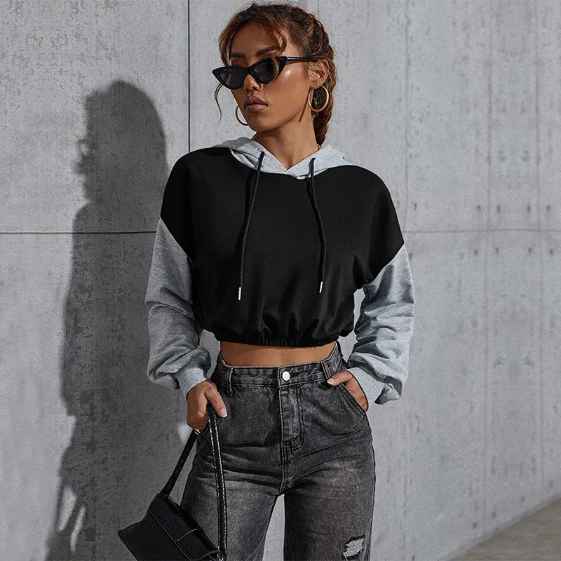 Damen Cropped-Kapuzenpullover mit Colorblock, Kordelzug und elastischem Saum Nord Taschen