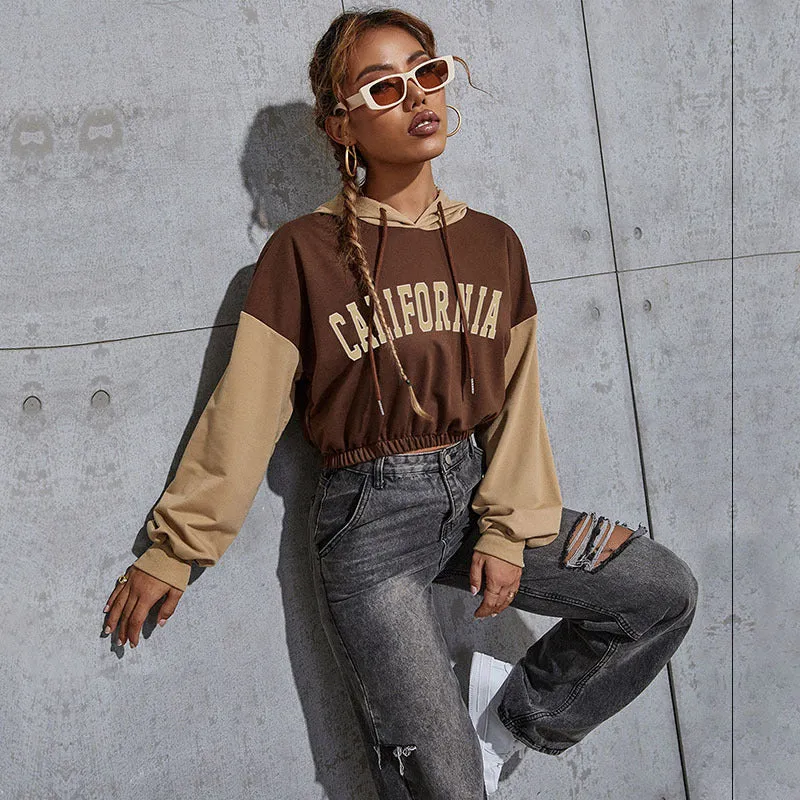 Damen Cropped-Kapuzenpullover mit Colorblock, Kordelzug und elastischem Saum Nord Taschen