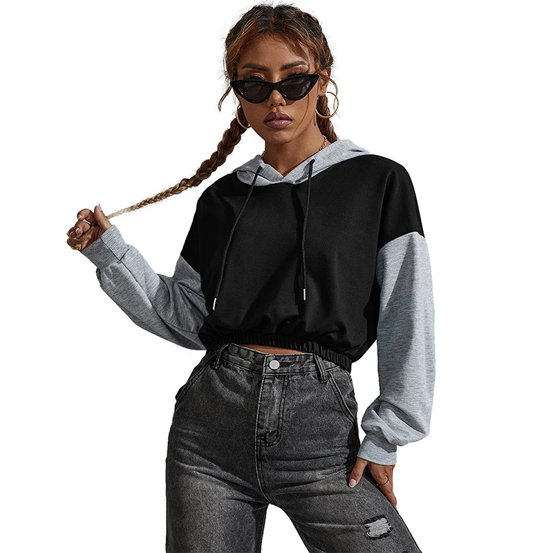 Damen Cropped-Kapuzenpullover mit Colorblock, Kordelzug und elastischem Saum Nord Taschen