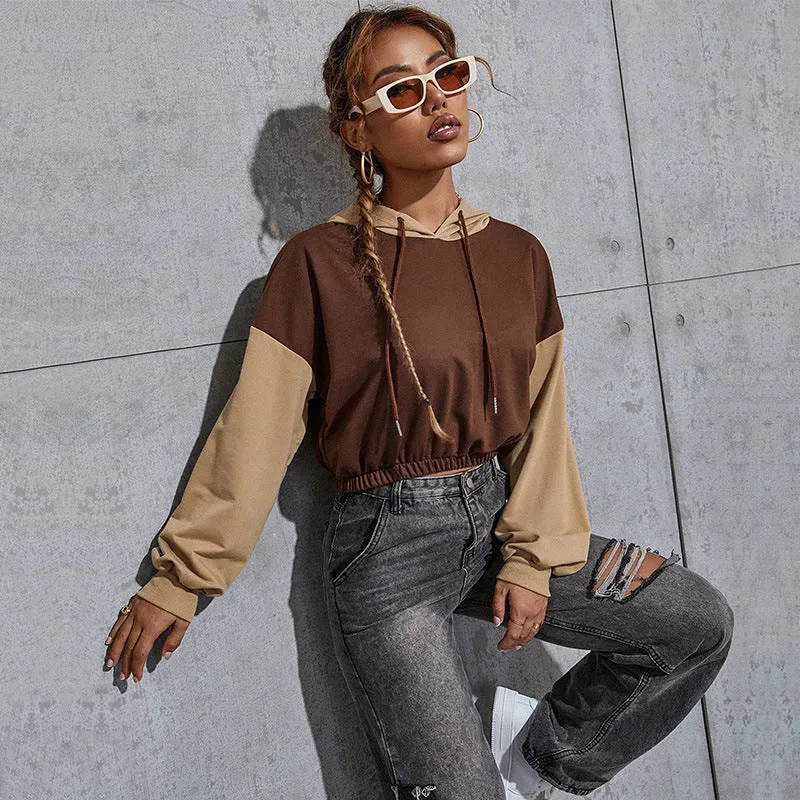 Damen Cropped-Kapuzenpullover mit Colorblock, Kordelzug und elastischem Saum Nord Taschen