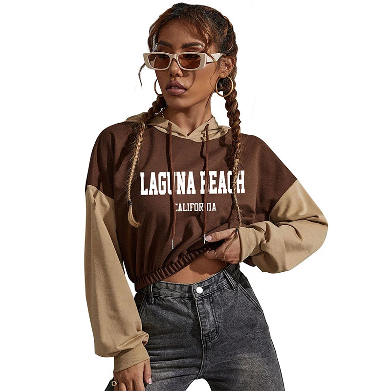 Damen Cropped Hoodie mit Kontrastärmeln, elastischem Saum und schmelzendem Smiley-Print Nord Taschen