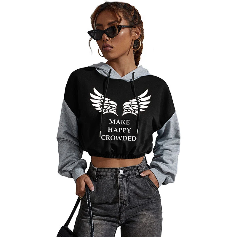 Damen Cropped Hoodie mit Kontrastärmeln, elastischem Saum und schmelzendem Smiley-Print Nord Taschen