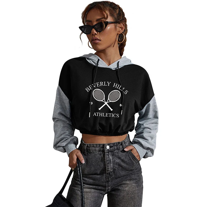 Damen Cropped Hoodie mit Kontrastärmeln, elastischem Saum und schmelzendem Smiley-Print Nord Taschen
