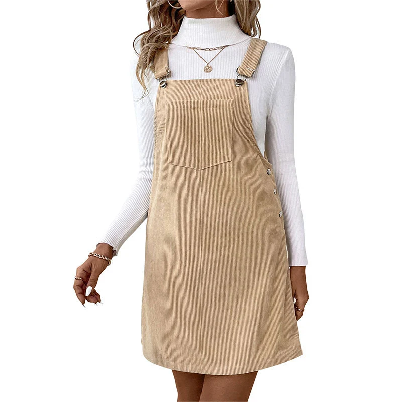 Damen Cord-Latzkleid mit verstellbaren Trägern, aufgesetzter Brusttasche und seitlicher Knopfleiste Nord Taschen