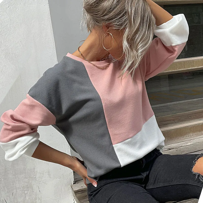 Damen Colorblock-Waffelstrick-Sweatshirt mit Rundhals und lässiger Passform Nord Taschen