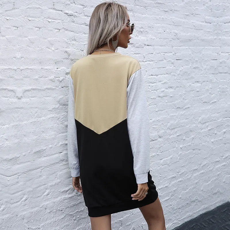 Damen Colorblock-Sweatshirtkleid mit V‑Einsatz, Langarm und legerem Saum Nord Taschen
