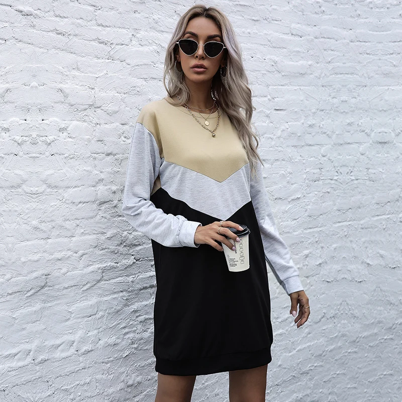 Damen Colorblock-Sweatshirtkleid mit V‑Einsatz, Langarm und legerem Saum Nord Taschen