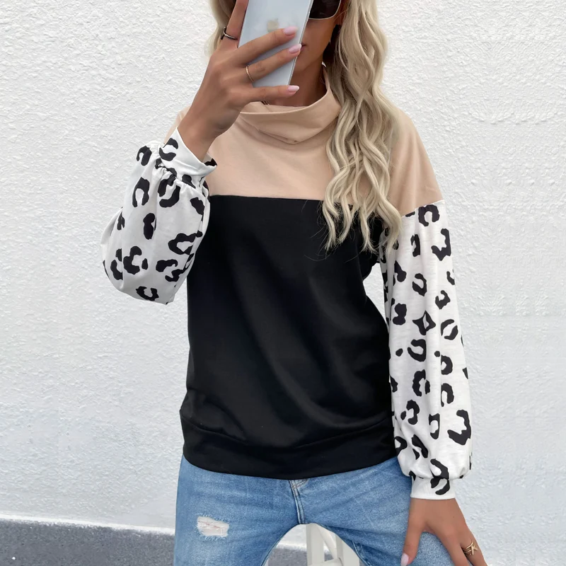 Damen Colorblock-Sweatshirt mit Umschlagkragen und Animal-Print-Ärmeln Nord Taschen