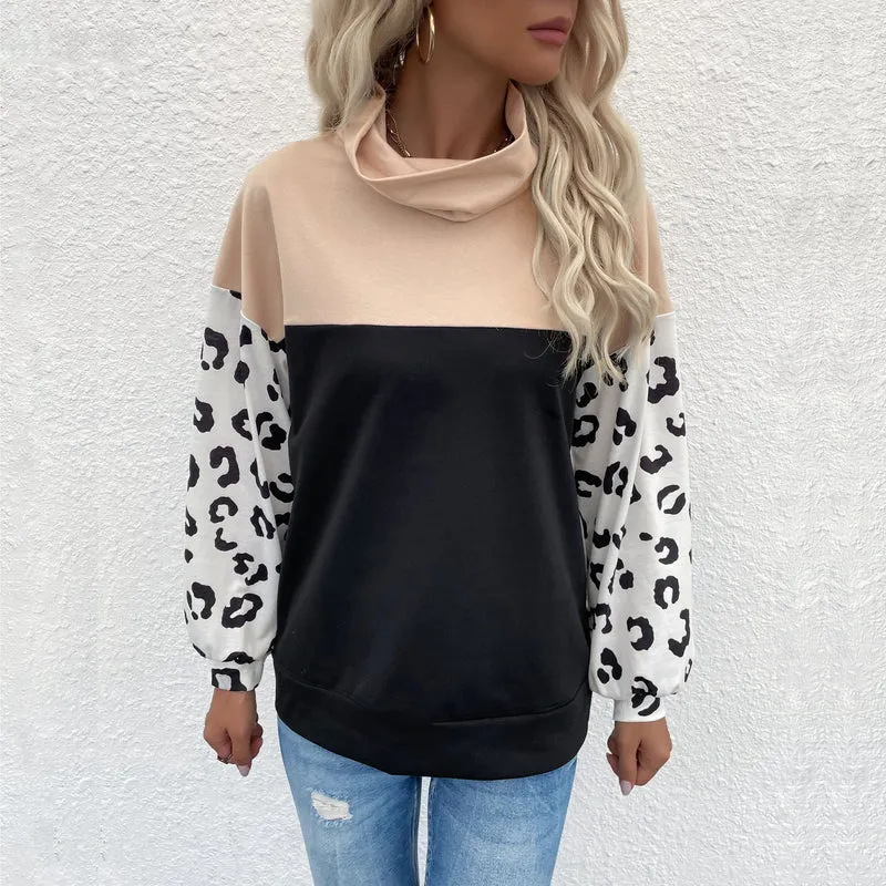 Damen Colorblock-Sweatshirt mit Umschlagkragen und Animal-Print-Ärmeln Nord Taschen