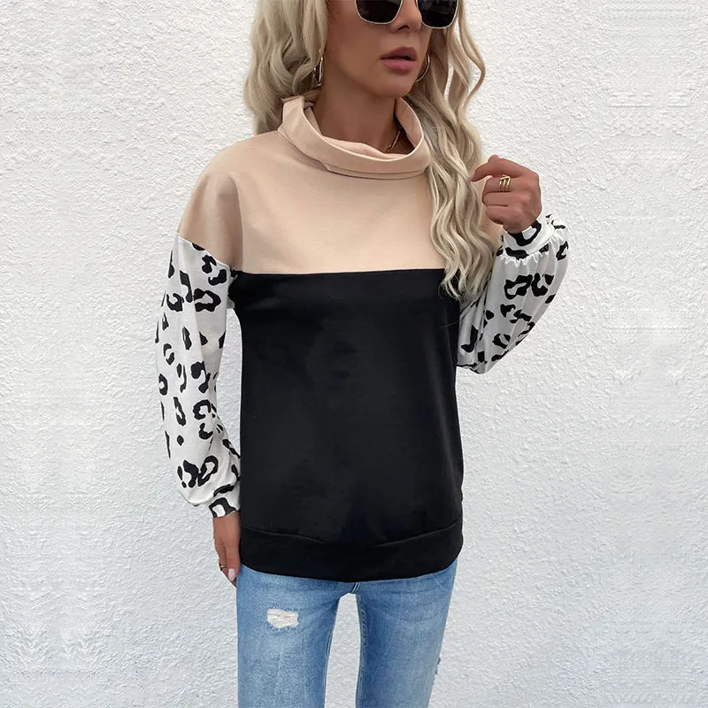 Damen Colorblock-Sweatshirt mit Umschlagkragen und Animal-Print-Ärmeln Nord Taschen