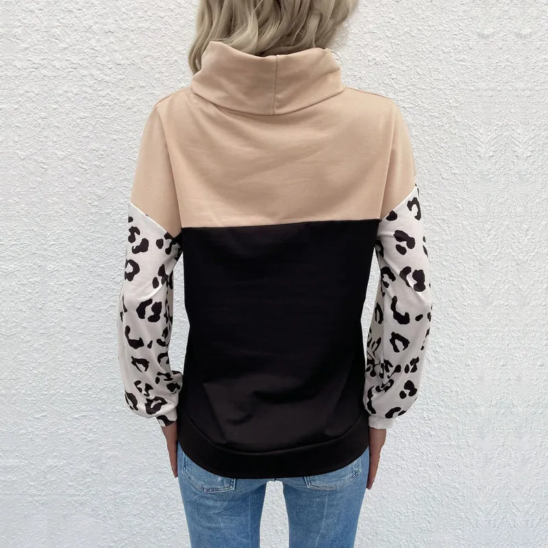 Damen Colorblock-Sweatshirt mit Umschlagkragen und Animal-Print-Ärmeln Nord Taschen