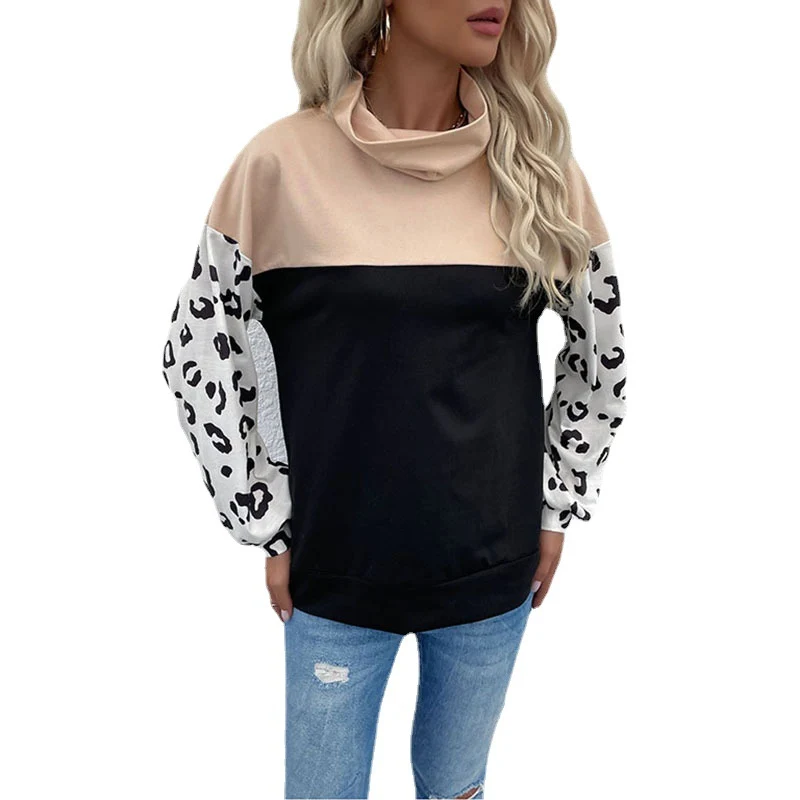 Damen Colorblock-Sweatshirt mit Umschlagkragen und Animal-Print-Ärmeln Nord Taschen