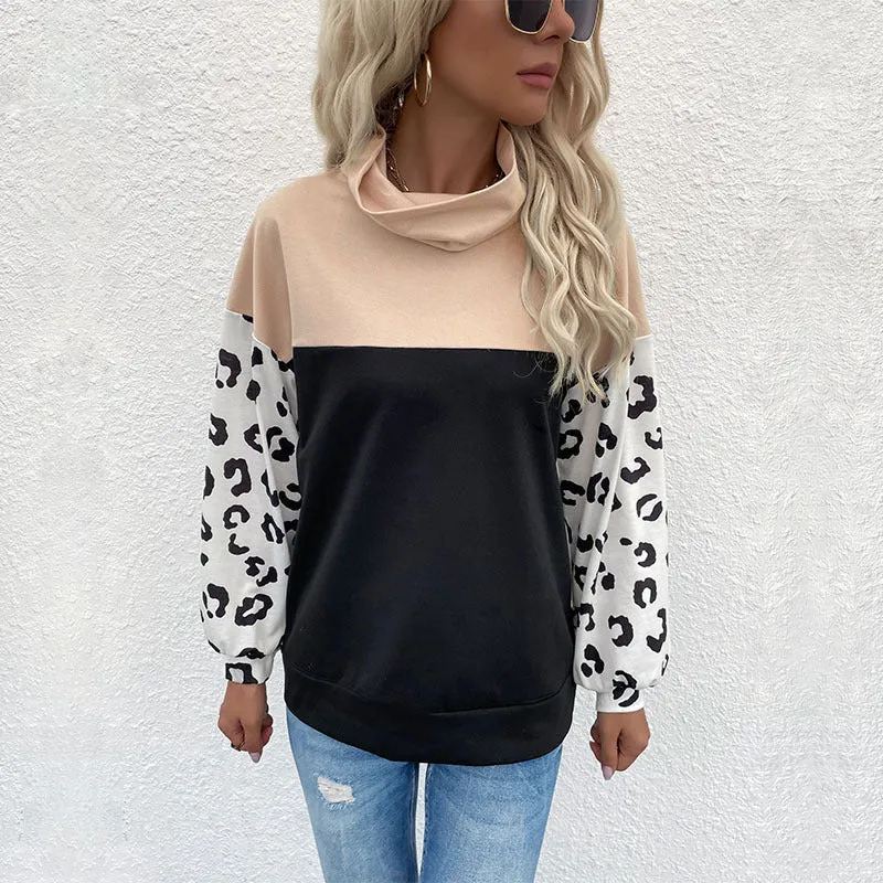 Damen Colorblock-Sweatshirt mit Umschlagkragen und Animal-Print-Ärmeln Nord Taschen