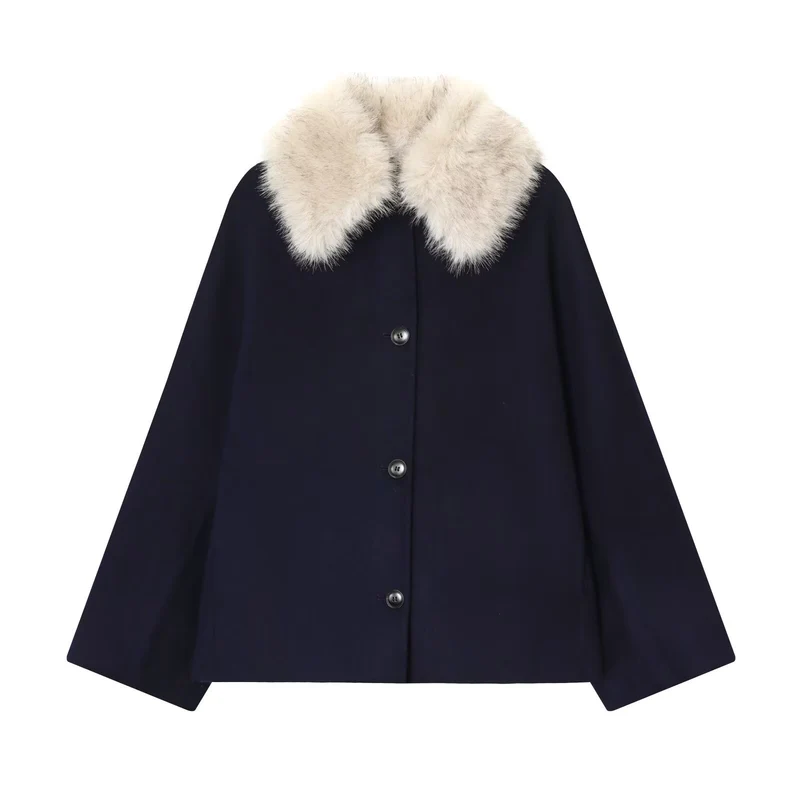 Damen Woll-Cape mit abnehmbarem Kunstfellkragen und verdeckter Knopfleiste Nord Taschen