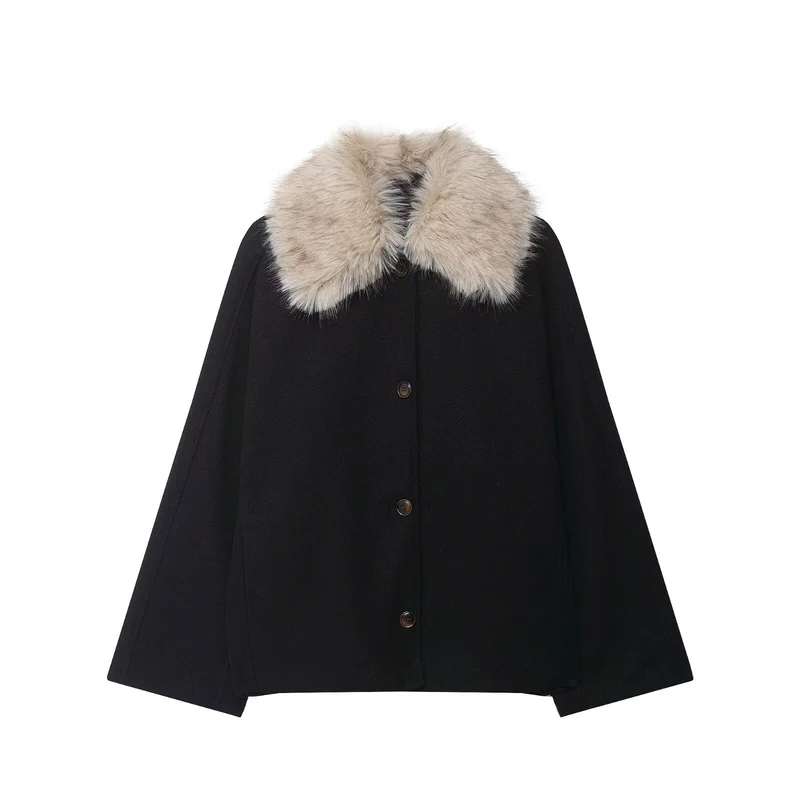 Damen Woll-Cape mit abnehmbarem Kunstfellkragen und verdeckter Knopfleiste Nord Taschen