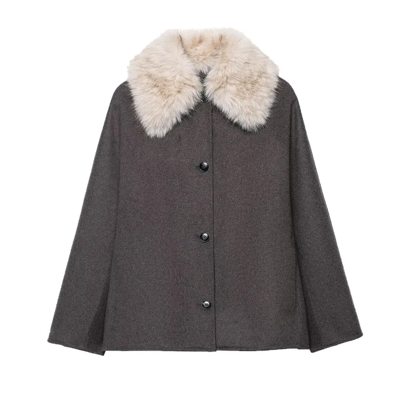 Damen Woll-Cape mit abnehmbarem Kunstfellkragen und verdeckter Knopfleiste Nord Taschen