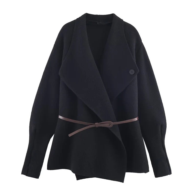 Damen Wickel-Mantel mit Oversize-Schalkragen und Taillengürtel Nord Taschen