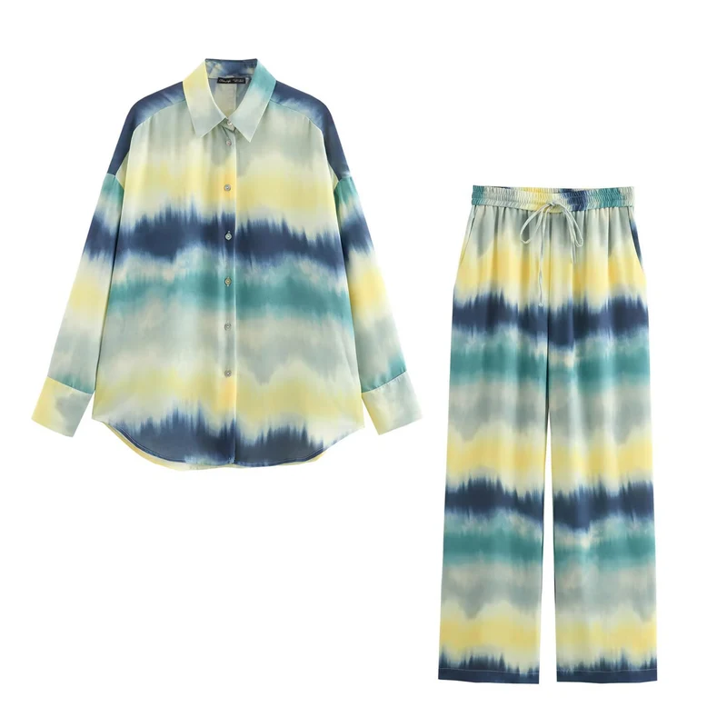 Damen Weite Palazzo-Loungehose mit Elastikbund, Tunnelzug und Aquarell‑Print Nord Taschen