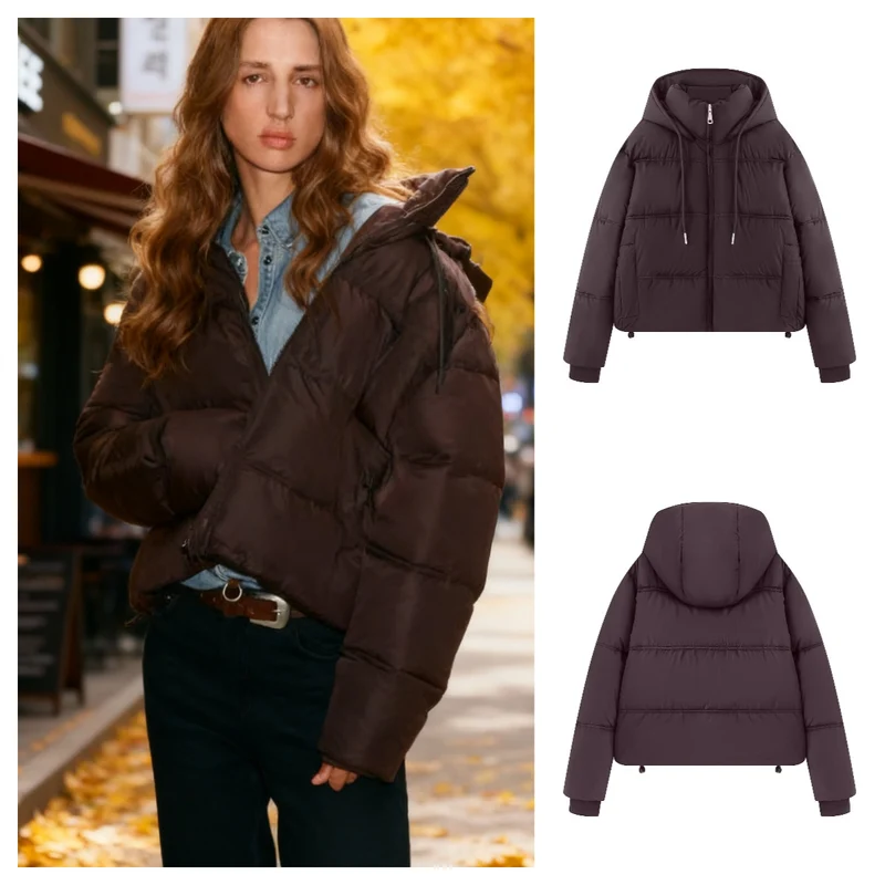 Damen Cropped-Steppjacke mit hoher Kapuze, Tunnelzug und Rippbündchen Nord Taschen