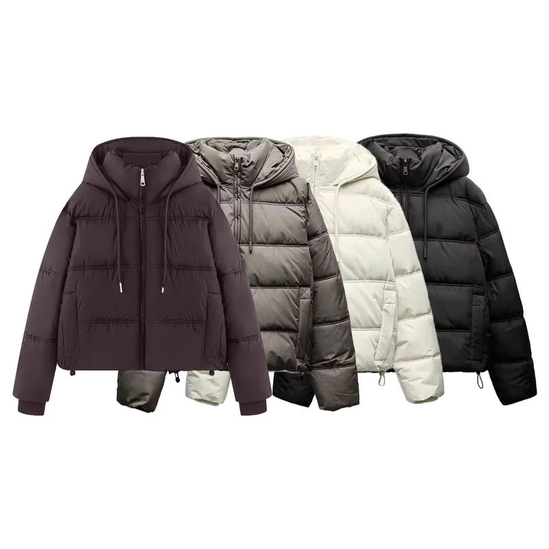 Damen Cropped-Steppjacke mit hoher Kapuze, Tunnelzug und Rippbündchen Nord Taschen