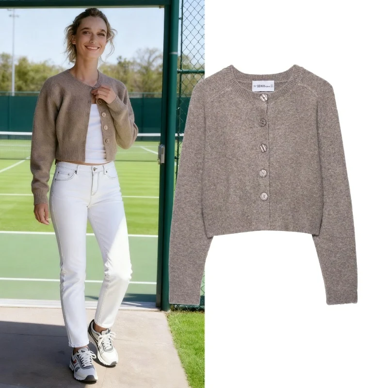 Damen Cropped-Raglan-Strickjacke mit Perlmuttknöpfen und breitem Rippenbund Nord Taschen