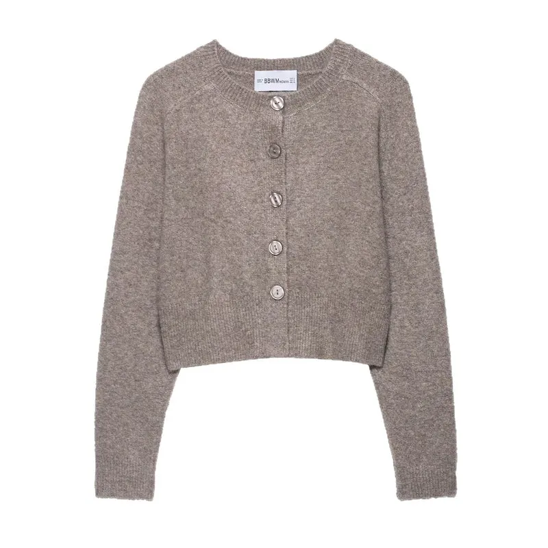 Damen Cropped-Raglan-Strickjacke mit Perlmuttknöpfen und breitem Rippenbund Nord Taschen