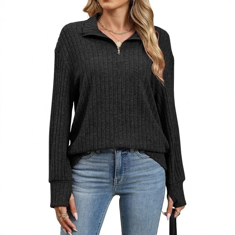 Damen Gerippter Halfzip-Pullover mit Stehkragen und Relaxed-Fit Nord Taschen