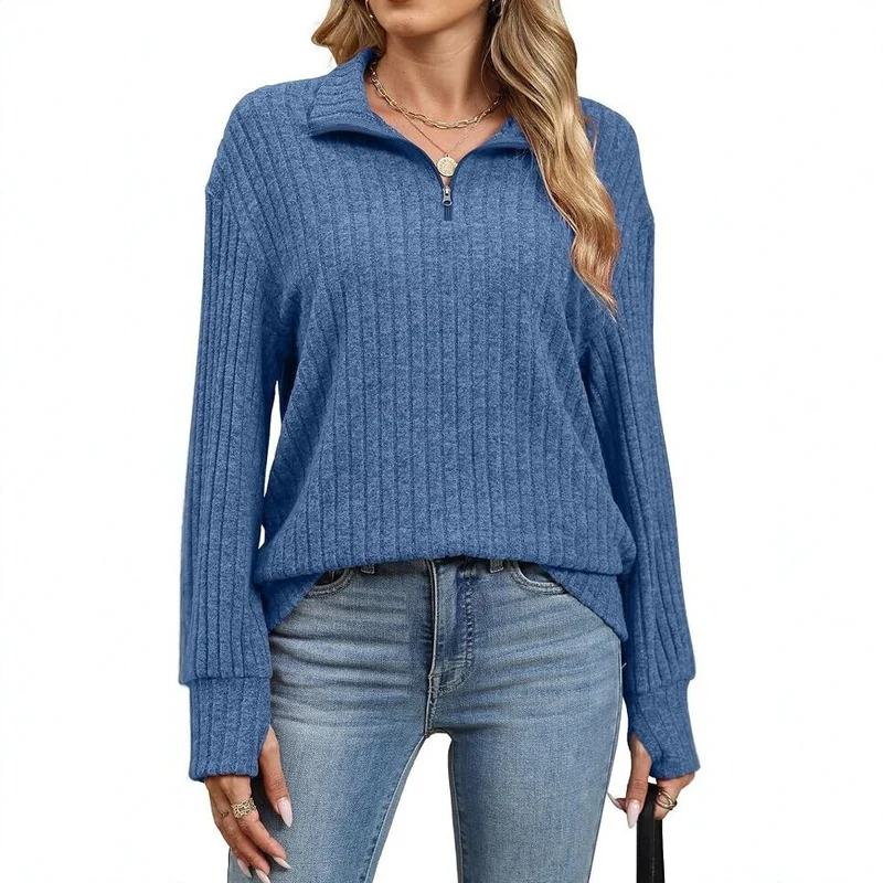 Damen Gerippter Halfzip-Pullover mit Stehkragen und Relaxed-Fit Nord Taschen