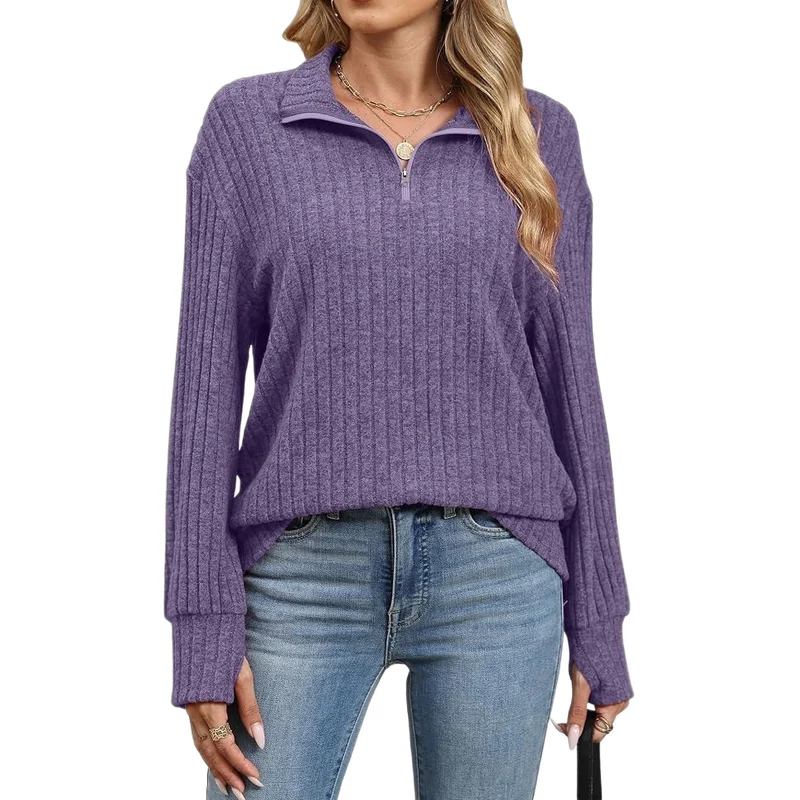 Damen Gerippter Halfzip-Pullover mit Stehkragen und Relaxed-Fit Nord Taschen