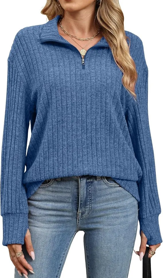 Damen Gerippter Halfzip-Pullover mit Stehkragen und Relaxed-Fit Nord Taschen