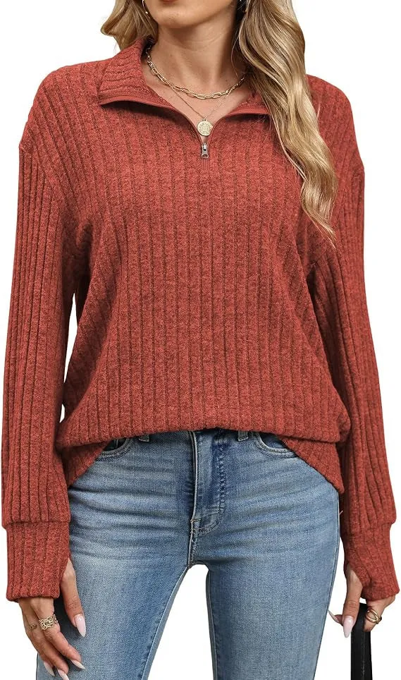 Damen Gerippter Halfzip-Pullover mit Stehkragen und Relaxed-Fit Nord Taschen