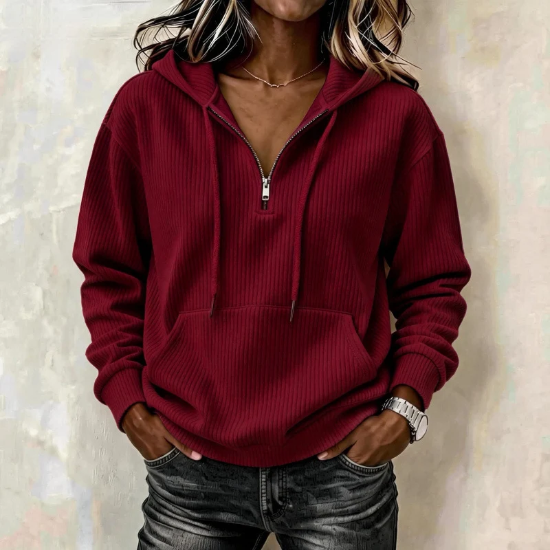 Damen Gerippter Halfzip-Kapuzenpullover mit Kängurutasche Nord Taschen