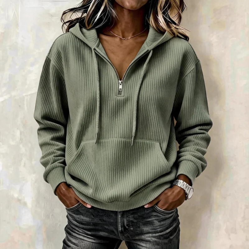Damen Gerippter Halfzip-Kapuzenpullover mit Kängurutasche Nord Taschen