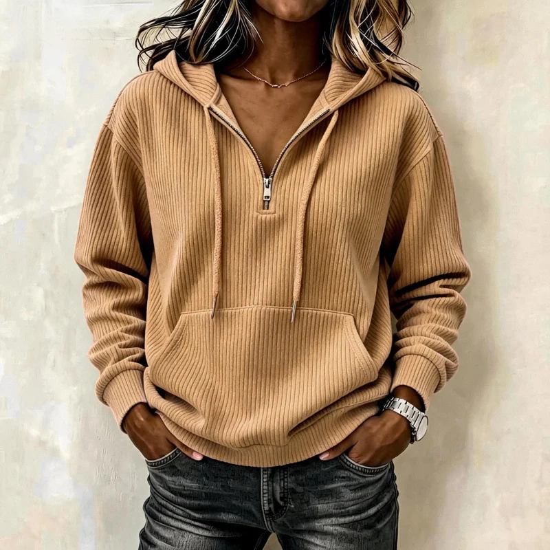 Damen Gerippter Halfzip-Kapuzenpullover mit Kängurutasche Nord Taschen