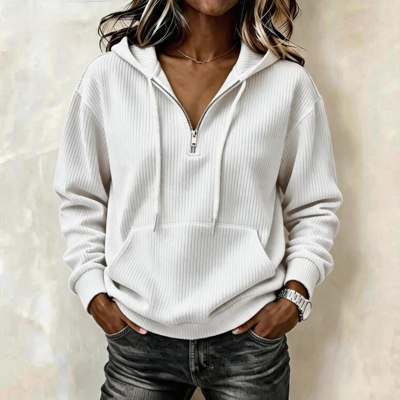 Damen Gerippter Halfzip-Kapuzenpullover mit Kängurutasche Nord Taschen