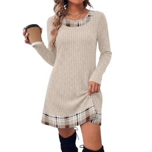 Damen Gerippte Longshirt‑Kleid mit Karierter Saum‑ und Ausschnittblende Nord Taschen