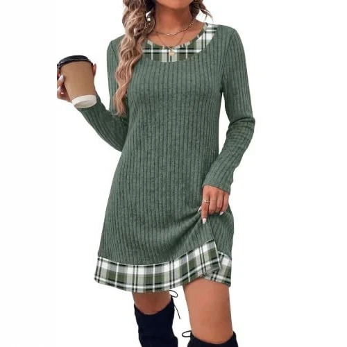 Damen Gerippte Longshirt‑Kleid mit Karierter Saum‑ und Ausschnittblende Nord Taschen
