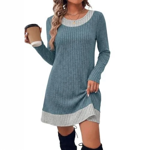 Damen Gerippte Longshirt‑Kleid mit Karierter Saum‑ und Ausschnittblende Nord Taschen