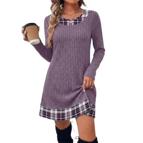 Damen Gerippte Longshirt‑Kleid mit Karierter Saum‑ und Ausschnittblende Nord Taschen