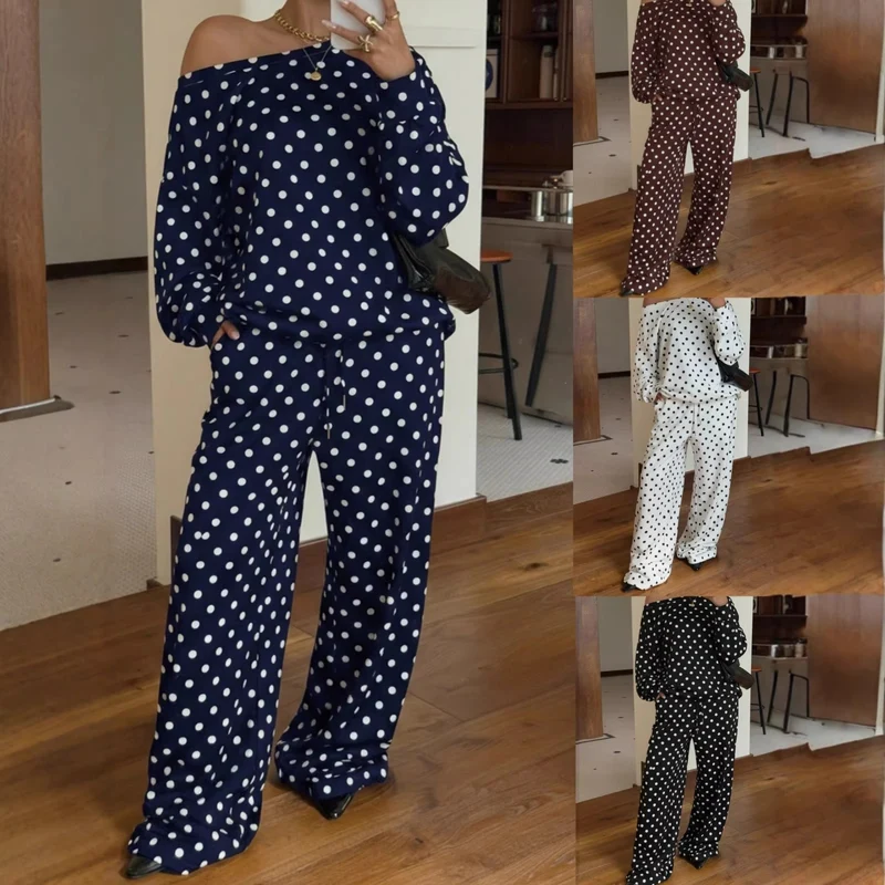 Damen Gepunktetes Zweiteiliges Lounge-Set mit weitem Boatneck und weiten Palazzo-Hosen Nord Taschen