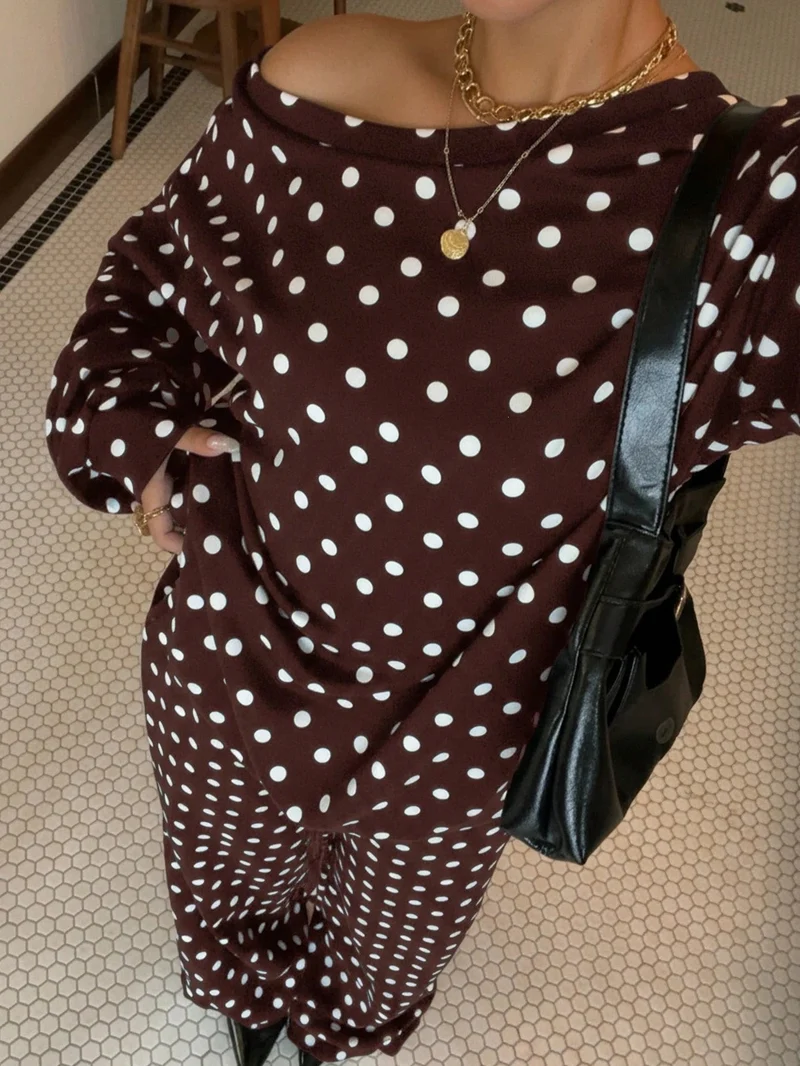 Damen Gepunktetes Zweiteiliges Lounge-Set mit weitem Boatneck und weiten Palazzo-Hosen Nord Taschen