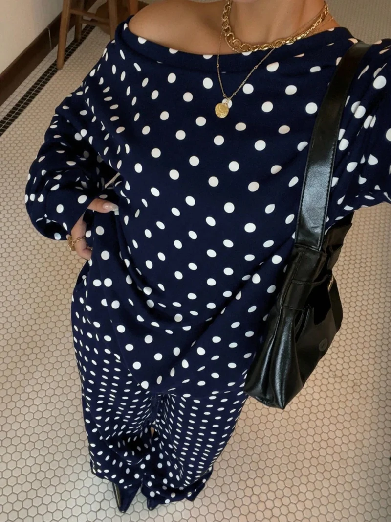 Damen Gepunktetes Zweiteiliges Lounge-Set mit weitem Boatneck und weiten Palazzo-Hosen Nord Taschen