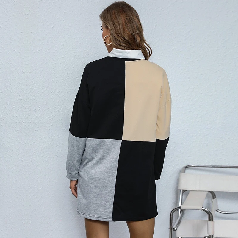 Damen Colorblock-Sweatkleid mit Hemdblusenkragen und lockerer Mini-Silhouette Nord Taschen